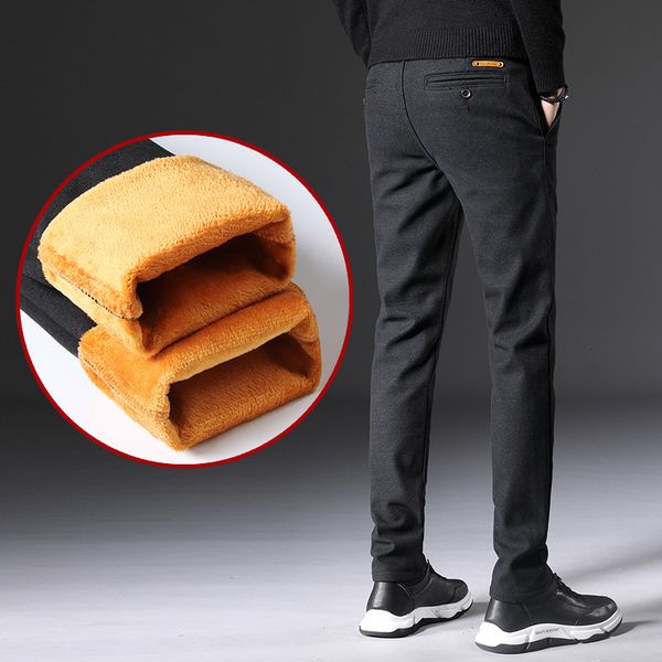 

plush thickened korean slim elastic winter warm black casual pants men's wear