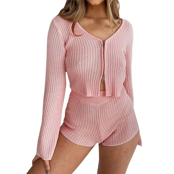 

women set outfits mini casual solid color shorts ladies slim v neck long sleeve for female fashion knitted suit, Gray