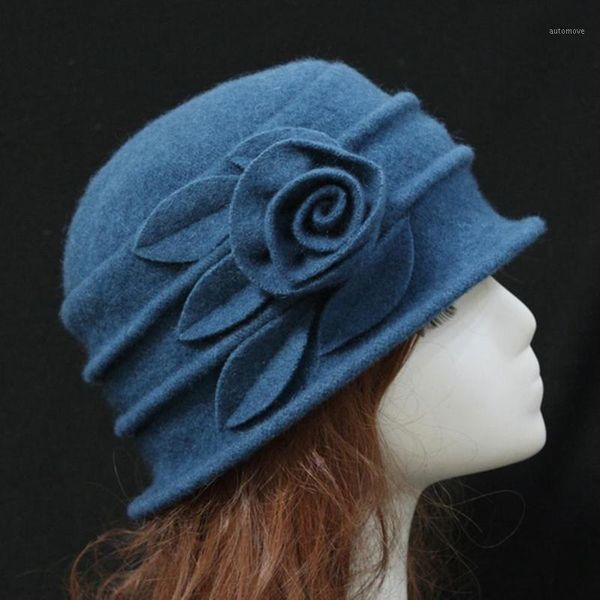 

women's fedoras hats elegant vintage wool cloche flapper hat lady solid color bucket winter warm flower cap 6 colors1, Blue;gray