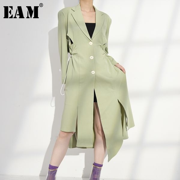 

[eam] women green hollow out irregular trench new lapel long sleeve loose fit windbreaker fashion tide spring 1h85606 201102, Tan;black