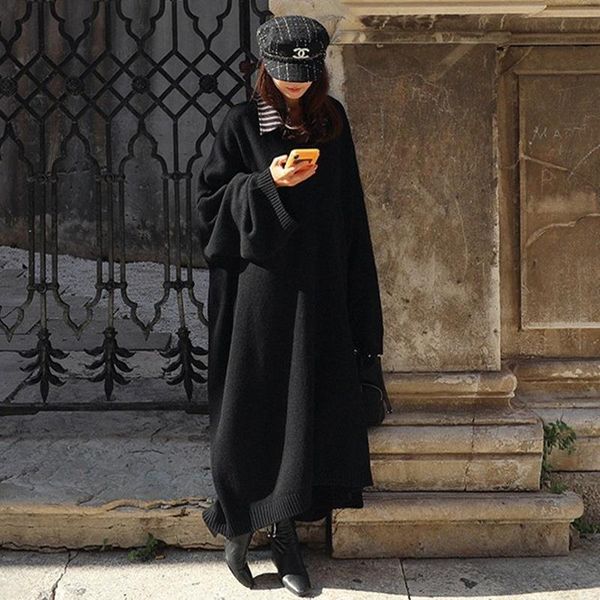

new vintage v neck black sweater women dress winter long sweater knitted dresses loose maxi oversize dresses long robe vestidos, Black;gray