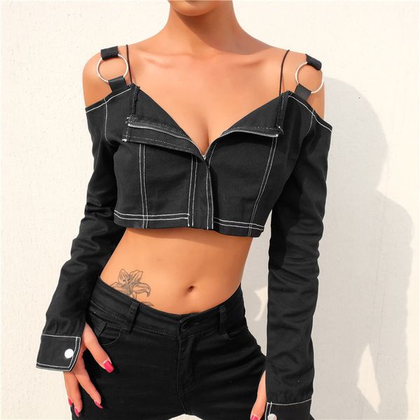

long sleeve slash neck spaghetti straps patchwork zipper pocket crop 2021 autumn winter women fashion t-shirts, White