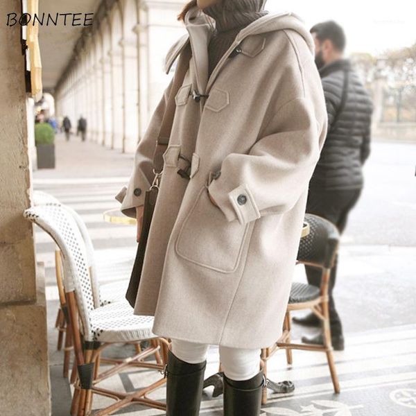 

wool blends women elegant lovely hooded solid ulzzang soft all-match loose coat womens horn button winter student1, Black