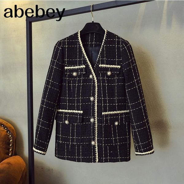 

luxury designer brand wool blends coat for women fashion black vintage v neck plaid wide waisted tweed coat, Black;brown
