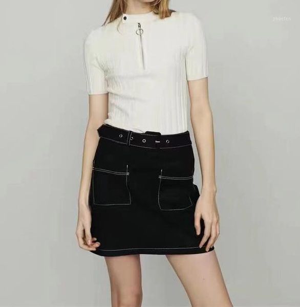 

women sweater 2019 spring and summer new ring zipper slim threaded round neck short-sleeved sweater two-color1, White;black