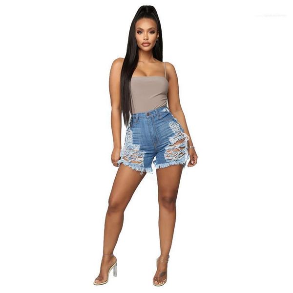 

casual high waisted straight jeans womens jeans designer washed hole shorts fashion ripped natural color jeans, Blue