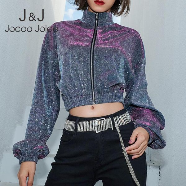 

jocoo jolee 2020 sequin cropped jackets long sleeve stand neck bomber sweatshirt autumn casual short women coat outwear jackets, Black;brown