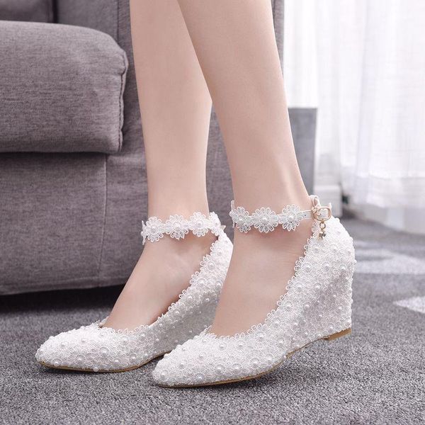 

2021 fashion women shoes pumps dress lace buckle strap pointed toe wedges 8cm high heels women's wedding shoes, Black