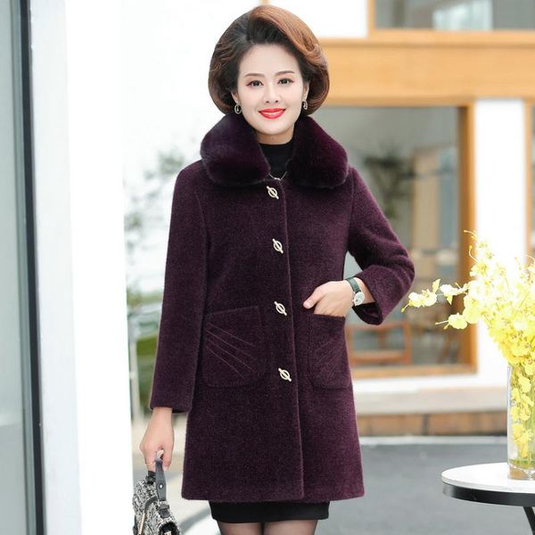 

women's wool & blends winter tweed coat women thicken quilted woolen blend overcoat middle aged woman fur collar single-breasted basic, Black