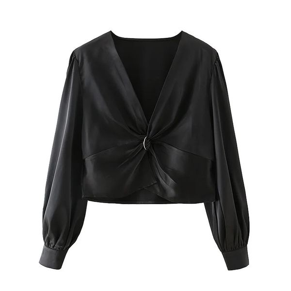 

2021 new blouse women black cropped satin woman fall metal ring knot long sleeve blouses ladies vintage 1fjx, White