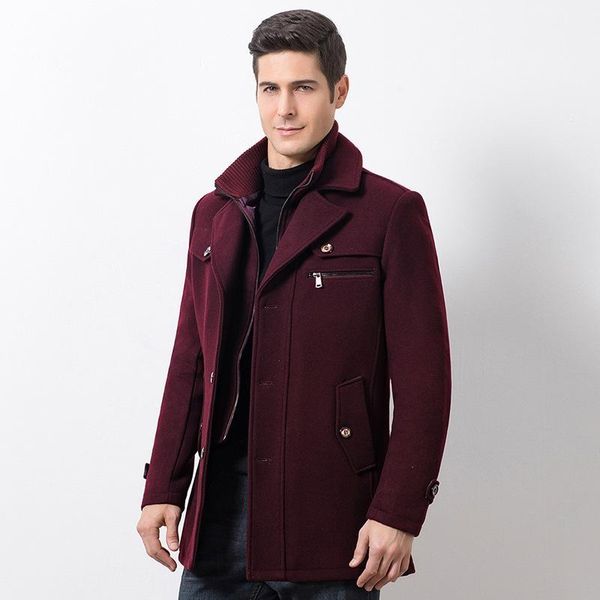 

2020 winter wool trench coat men slim fit thick warm cotton padded parkas overcoat long jacket mens black gray burgundy khaki1, Tan;black