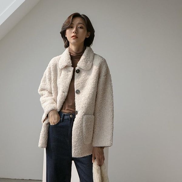 

women's jackets 2021 autumn winter korean-style fur suede single breasted jacket pocket brief lambs wool coat 5200, Black;brown