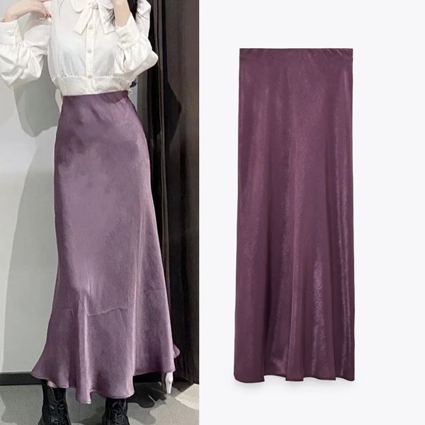 

2021 new purple high satin long women winter a line midi skirt woman adjustable waist elegant vintage skirts 9a36, Black