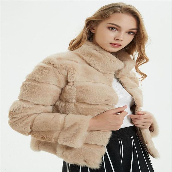 

women's fur & faux thickening warm 's hair coat women khaki winter elegant slim short leather grass plus size 2021, Black