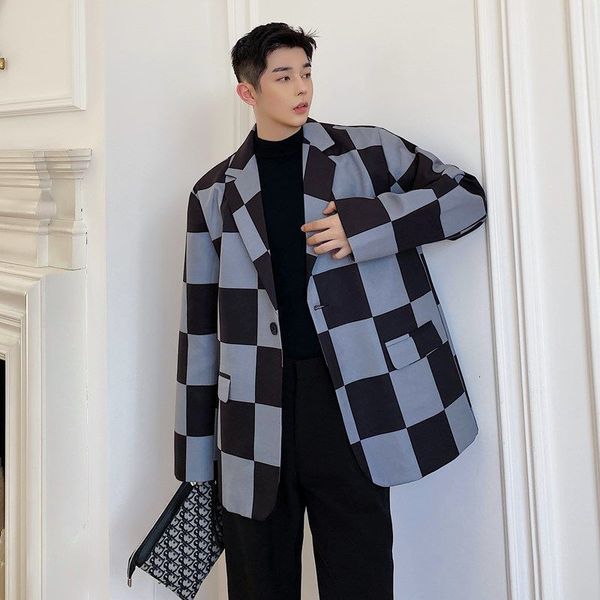 

2021 new autumn winter new stylist hair listing male-style suit in the plaid jacket tides thin gray 4kz0, White;black
