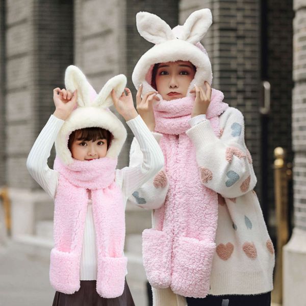 

and new warm winter korean thickened children's plush rabbit ear collar glov scarf hat three piece set zb3s, Red;brown