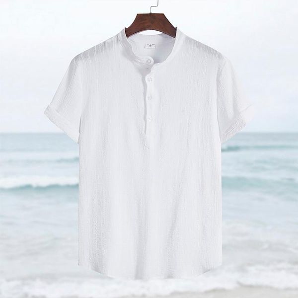 

men's casual long sleeved shirt loose summer men's breathable solid color stand collar button cotton shirt male streetwear top, White;black