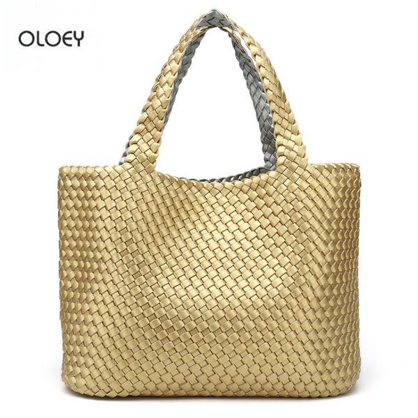 

oloey new women's handbag double shoulder bag pu woven bag double-sided two color two purpose large capacity bucket