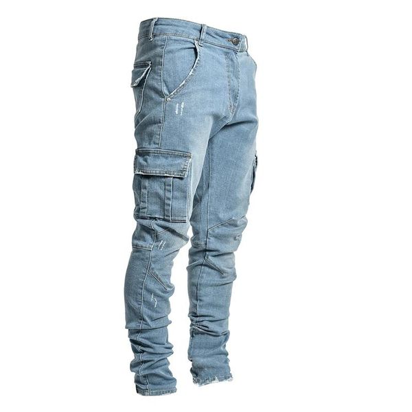 

men new fashion denim pencil pants side pockets cargo jeans men pants casual cotton denim trousers multi pocket cargo jeans, Blue