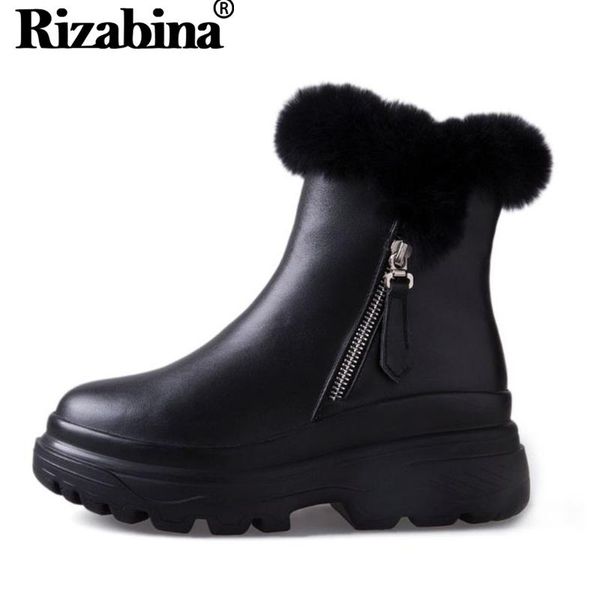 

rizabina women fashion plush fur real leather ankle boots comfortable zipper leisure club shoes footwear size 34-40, Black