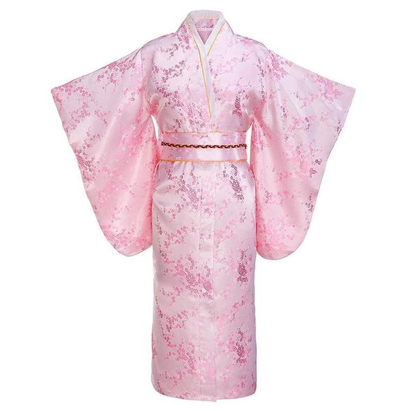 

pink print flower young lady japanese traditional kimono bathrobe gown full sleeve evening party prom dress satin v-neck clothes, Red