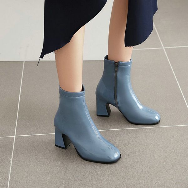 

2020 autumn new beige blue ladies solid block shoes high zipper heels women's ankles fashion 34-44 size boots, Black