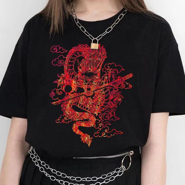 

women's t-shirt woman tshirts goth pure cotton dragon print harajuku cartoon street retro short sleeve clothes t shirt, White