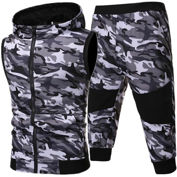 

2020 summer fashion new men's casual boutique sleeveless camouflage vest jacket coat hoodies stretch waist shorts suit set, Gray