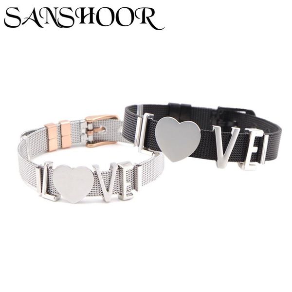 

charm bracelets drop sanshoor jewelry letter love heart slide charms fit stainless steel mesh bracelet set for women as valentine's gif, Golden;silver