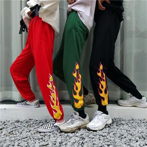 

harajuku flame print pants women elastic waist straight casual hipster trousers pant for men women drop shipping, Black;white