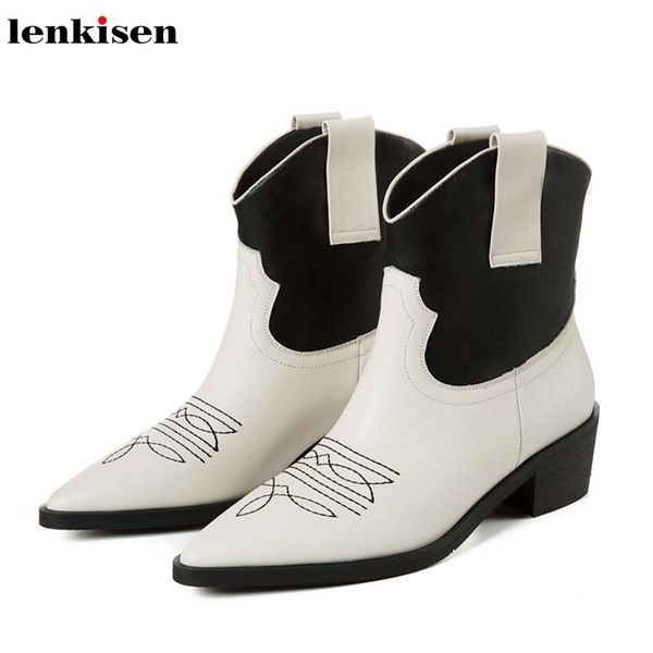 

boots lenkisen design genuine leather med heels pointed toe fashion women vintage mixed colors snake winter keep warm ankle l73, Black