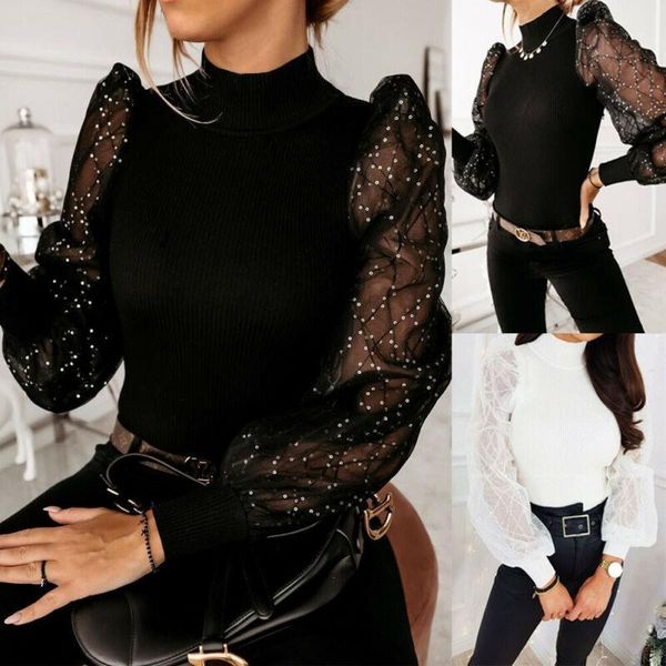 

new women mesh sheer blouse see-through long sleeve blouse fashion pearl transparent white shirt female blusas autumn 1