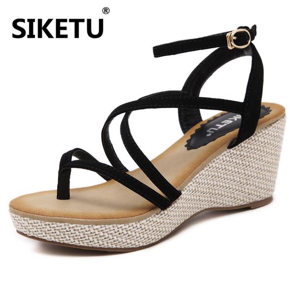 

2020 new siketu fashion hollow cross lace pu women's sandals roman style soft comfort breathable 7 cm wedge women sandals, Black
