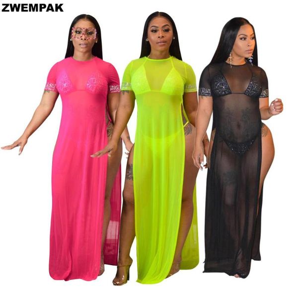 

women summer neon green see through beach wear sequins mesh bikini cover up swimwear long dress bathing suit, White;black