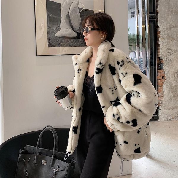 

women's fur & faux 2021 winter coat women thick warm turn-down collar white plus size jacket zipper print kawaii clothes, Black