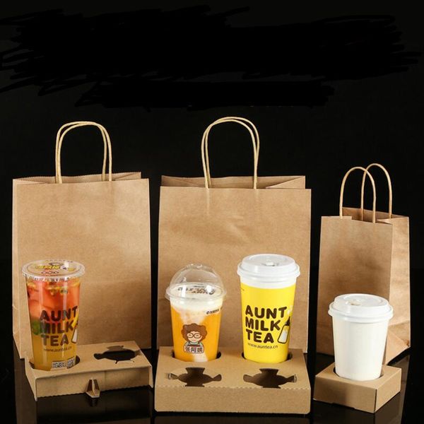 Descartáveis ​​Kraft Paper Coffee Cup titular com Handle Bag Set viagem Milk Tea Ferramentas Juice Packing Take Away Bebidas Cup Shelf LX4022