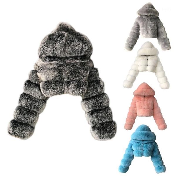 

women winter fluffy furry warm jacket hooded full zip solid color cropped coat e56a1, Black