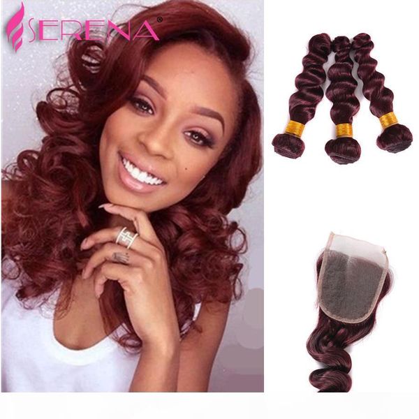 

wine red 99j burgundy ombre hair with closure wine red loose wave human hair 3 bundles with 4*4 lace closure brazilian body wave, Black;brown