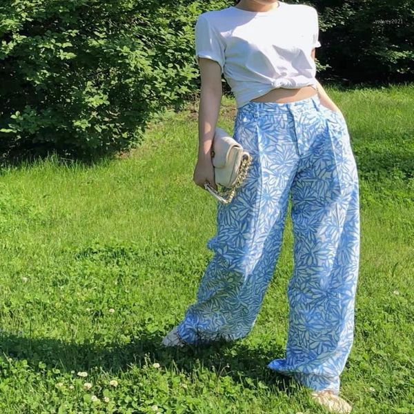 

women's pants & capris 2021 spring and summer women's high waist loose slimming white blue elegant floral printed wide leg fashion, Black;white