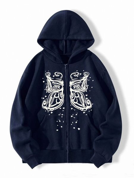 

butterfly print slant pocket zip up drop shoulder hoodie w45n#, White;black