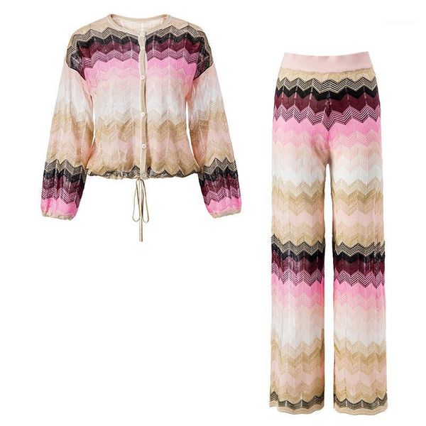 

italianate colorful stripe woven knitted lantern sleeve sweater + trousers suit women's two piece sets1, White