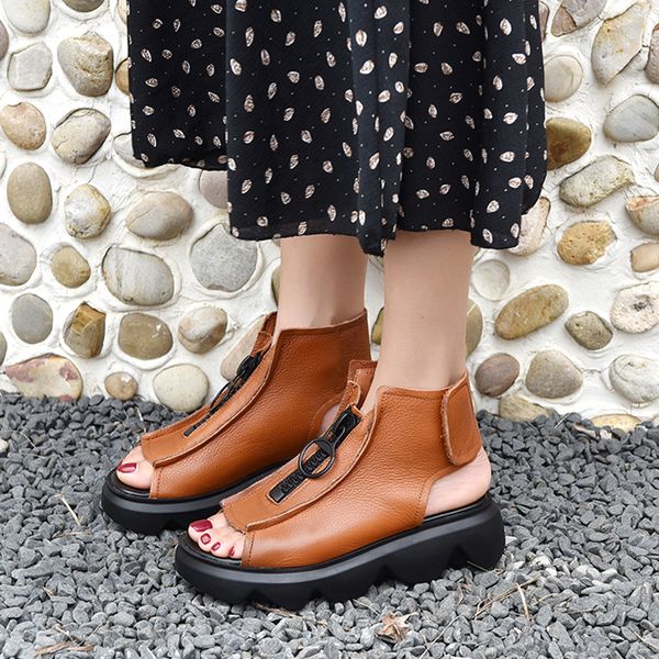 

rimocy new soft leather rome outdoor sandals women summer 2020 fashion wedge zipper peep toe sandals woman platform casual shoes q1204, Black