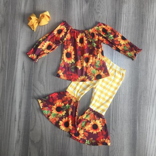 

girlymax fall winter baby girls outfit children cotton clothes ruffles sunflower plaid floral bell-bottoms pants set match bow, White