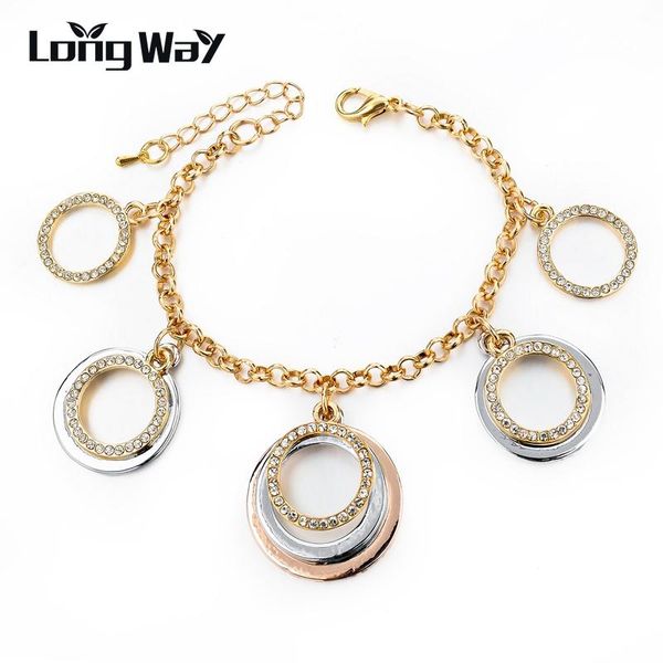 

charm bracelets longway gold color link chain for women ethnic crystal rhinestone circle pendant pulseras mujer sbr150365103, Golden;silver