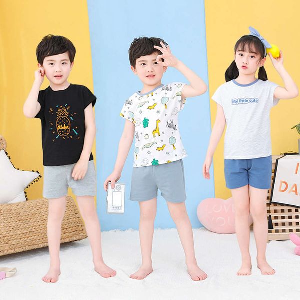 

summer cotton short sve suit children's home wear boys' and girls' pajamas thin baby t-shirt, Blue;red