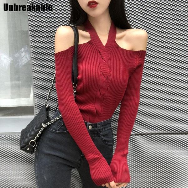 

women halter slash neck knitted off-shoulder sweater pullover girls knitting stretchy sweaters pullovers female 20211, White;black