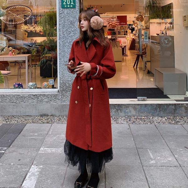 

winter women long red wool jacket new fashion double breasted thick warm casual woolen coat ladies clothes loose overcoat h8011, Black