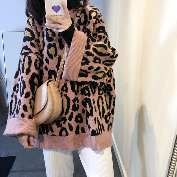 

new autumn 2021 leopard around the neck lazy style size big sweater knitted 1 4ji7, White;black