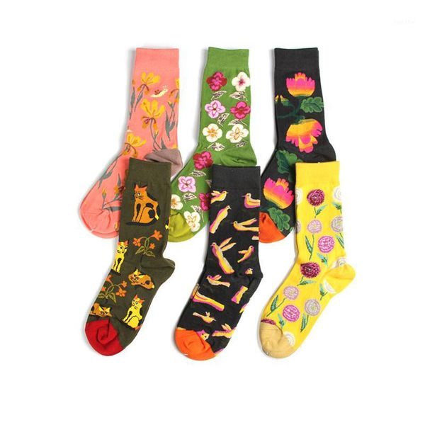 

peonfly men funny japanese style colorful lotus cute cartoon animals cat bird happy kawaii floral print cotton socks1, Black