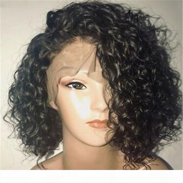 

brazilian remy hair fashion 150% density short black curly lace front wig